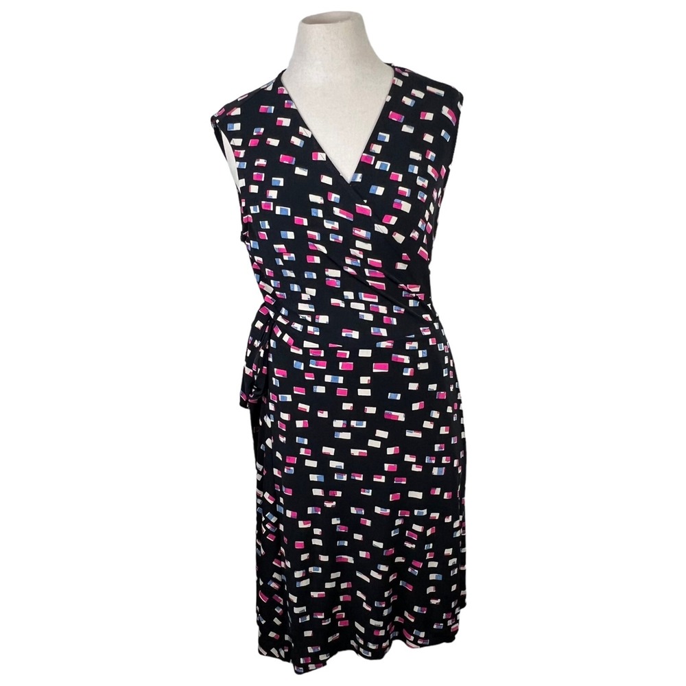 Vince‎ Camuto Womens Medium Wrap Dress Black Pink Blue Geometric Confetti Print